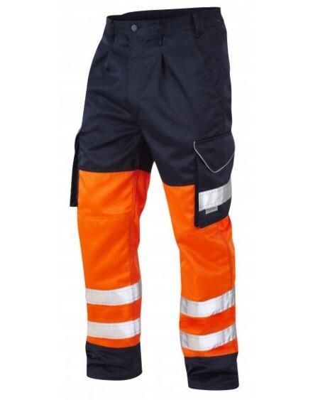 LEO CT01 Bideford - Hi-Vis Ecoviz Polycotton Cargo Trousers — Orange / Navy
