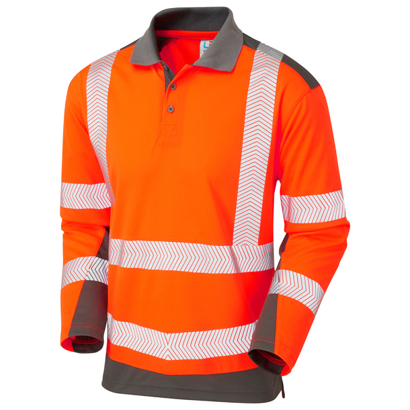 LEO P15 Wringcliff - Hi-Vis Ecoviz Performance+ Dual Colour Sleeved Polo Shirt — Orange / Grey