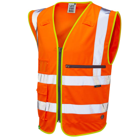 LEO W24 Foreland - Hi-Vis Ecoviz Tablet Pocket Superior Waistcoat — Orange