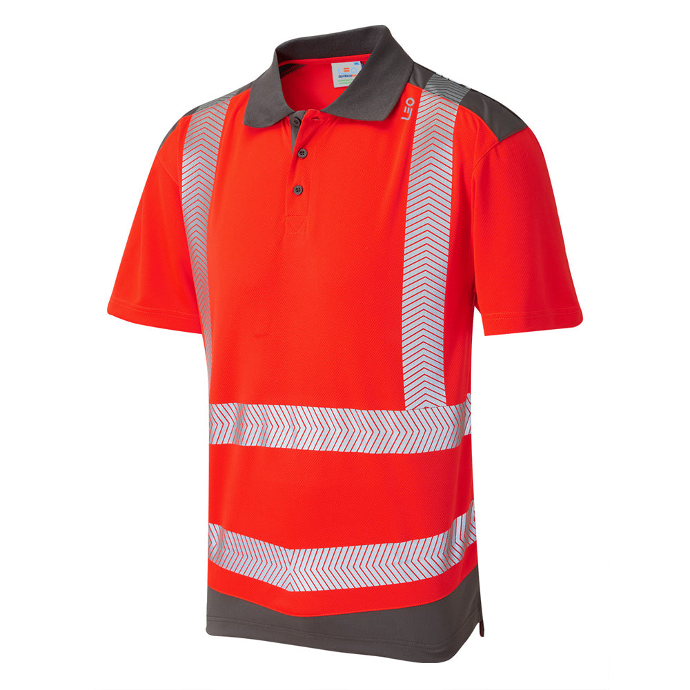 LEO P14 Peppercombe - Hi-Vis Ecoviz Performance+ Dual Colour Polo Shirt — Red/Grey