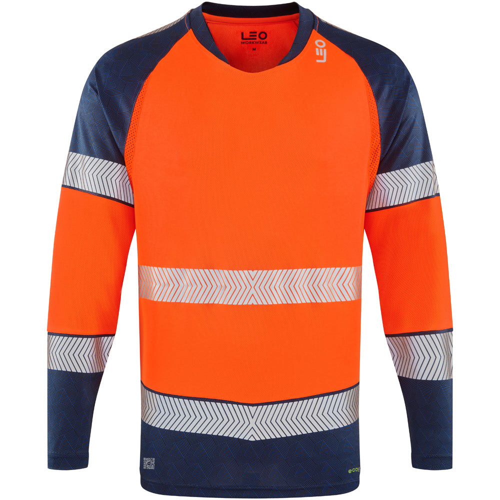 LEO T17 Ruda - Hi-Vis Ecoviz Performance+ Dual Colour Long Sleeve T-Shirt — Orange/Navy