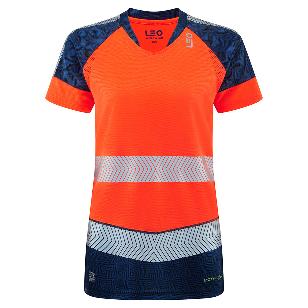 LEO TL16 Lorna - Hi-Vis Ecoviz Performance+ Womens Dual Colour T-Shirt — Orange/Navy
