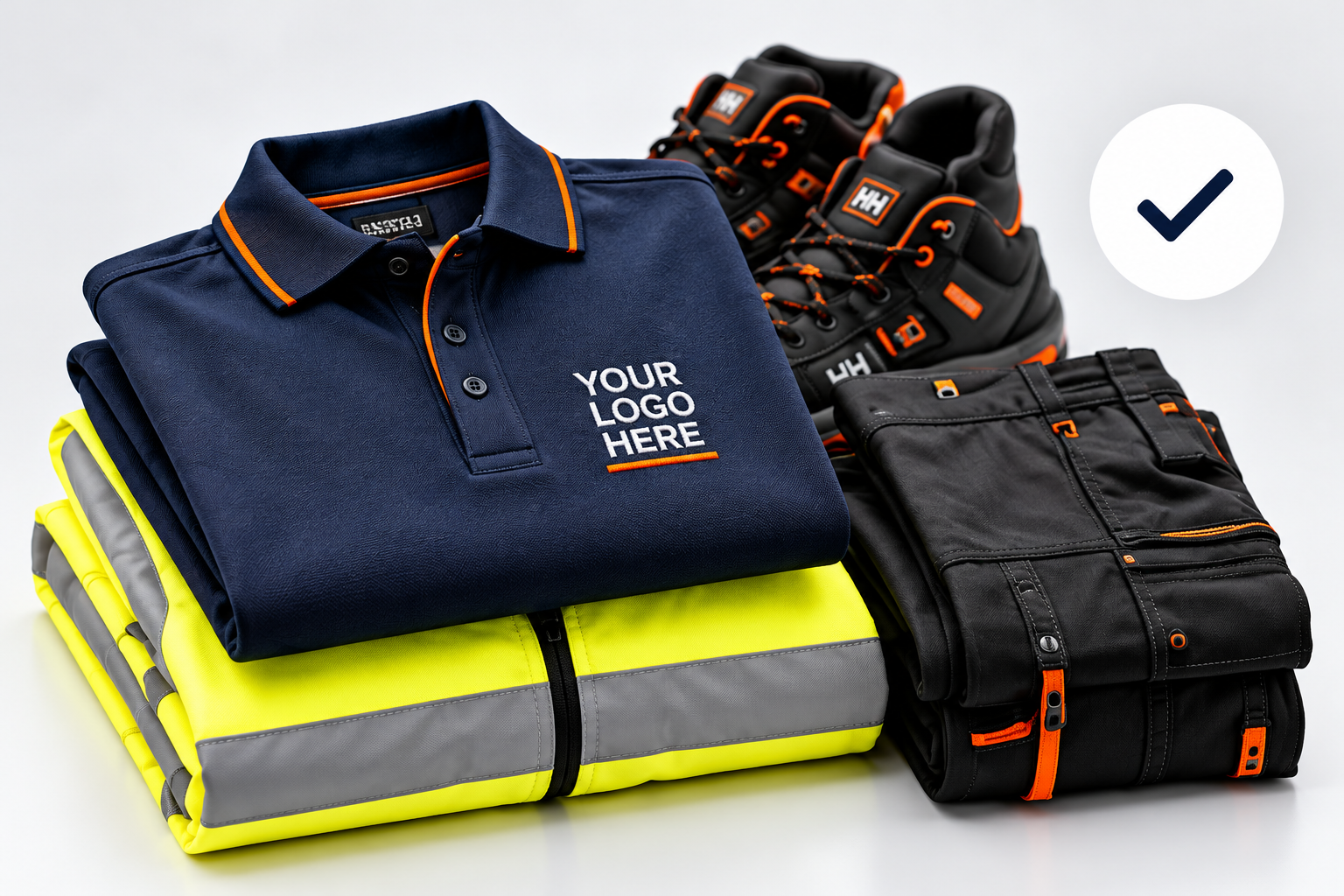Folded branded workwear bundle ready for final review