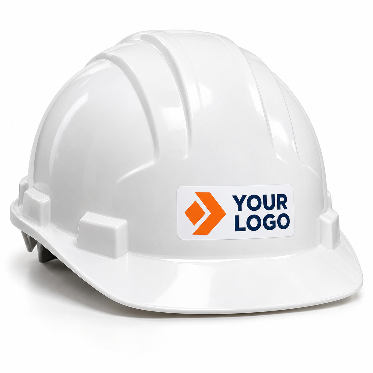 Example personalised replacement logo sticker displayed on the front of a white safety helmet