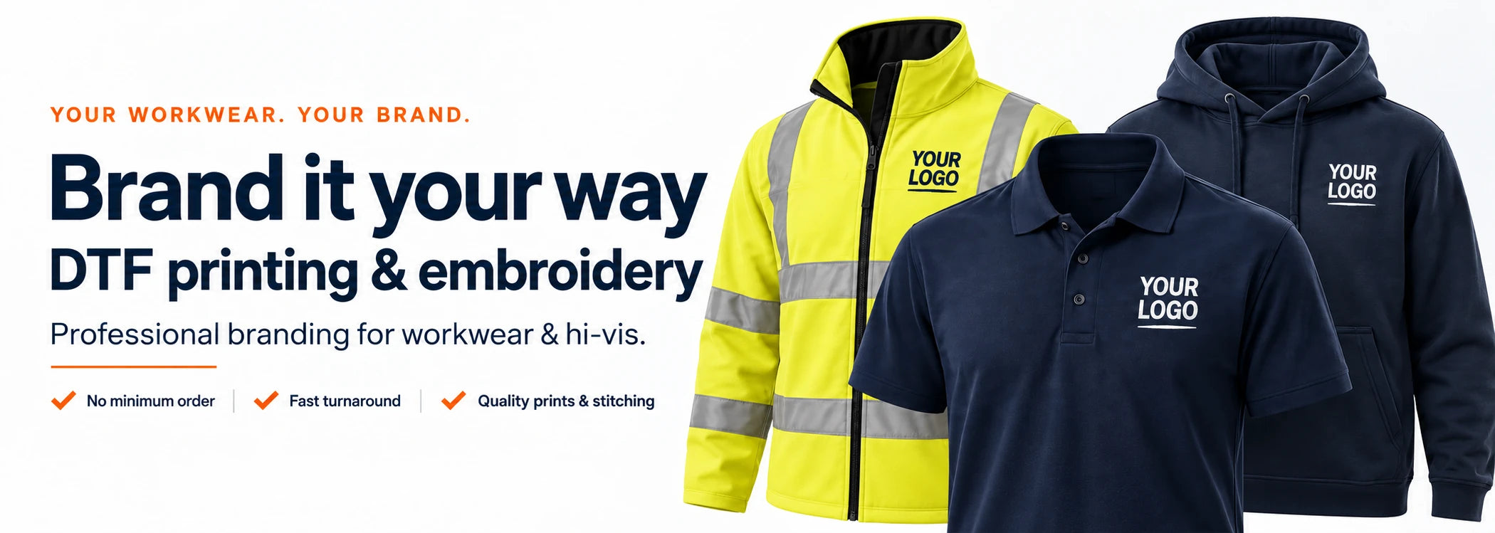 Brand it your way — DTF printing and embroidery on workwear and hi-vis