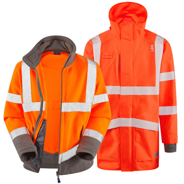 LEO A04/F01 Clovelly - Hi-Vis Ecoviz 15K 3-in-1 Breathable Parka and Fleece — Orange