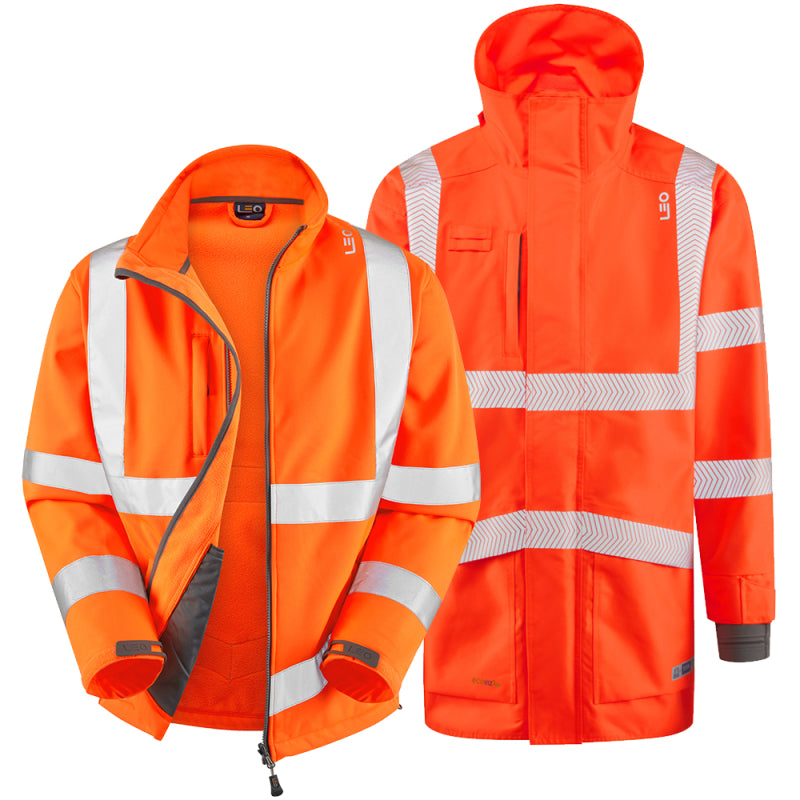 LEO A04/F01 Clovelly - Hi-Vis Ecoviz 15K 3-in-1 Breathable Parka and Softshell — Orange