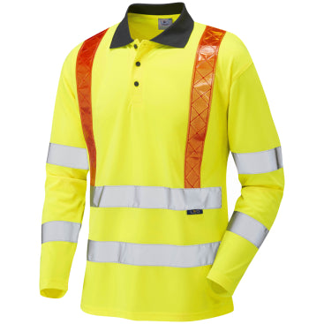 LEO P07 Bickleton - Hi-Vis Ecoviz Performance Sleeved Polo Shirt with Red Braces