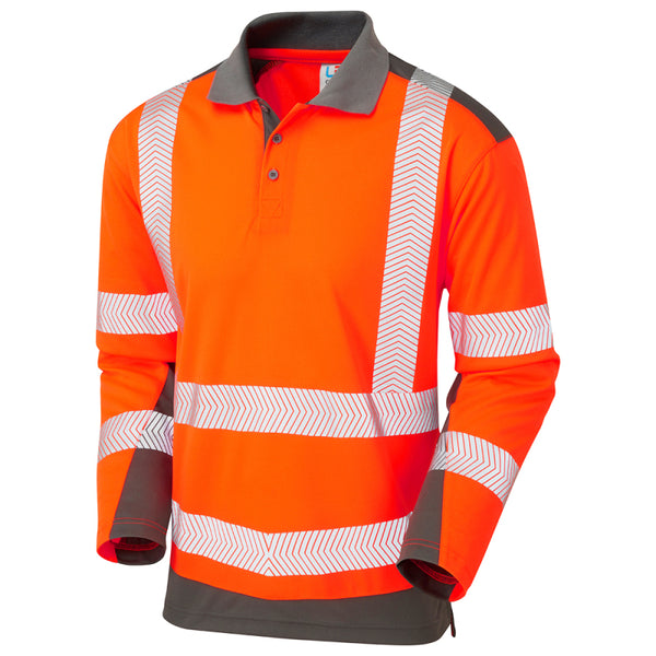 LEO P15 Wringcliff - Hi-Vis Ecoviz Performance+ Dual Colour Sleeved Polo Shirt — Orange / Grey