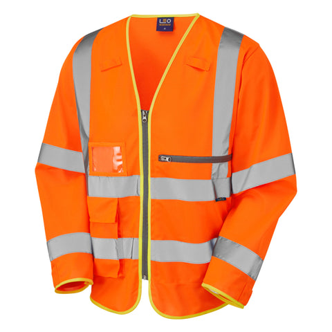 LEO S24 Heddon - Hi-Vis Ecoviz Tablet Pocket Sleeved Superior Waistcoat — Orange