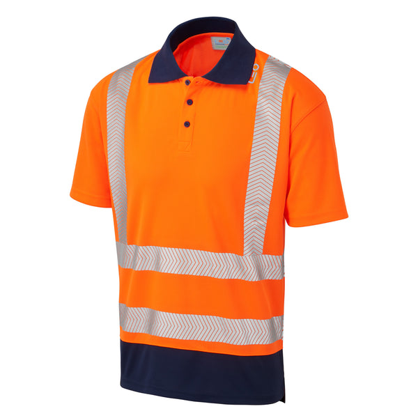 LEO P11 Mortehoe - Hi-Vis Ecoviz Performance+ Dual Colour Polo Shirt — Orange/Navy