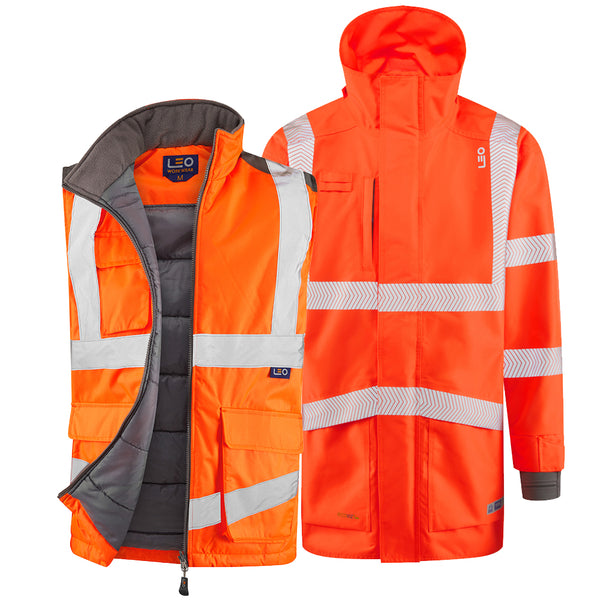 LEO A04/BW01 Clovelly + Torrington - Hi-Vis Ecoviz 15K 3-in-1 Anorak and Bodywarmer — Orange