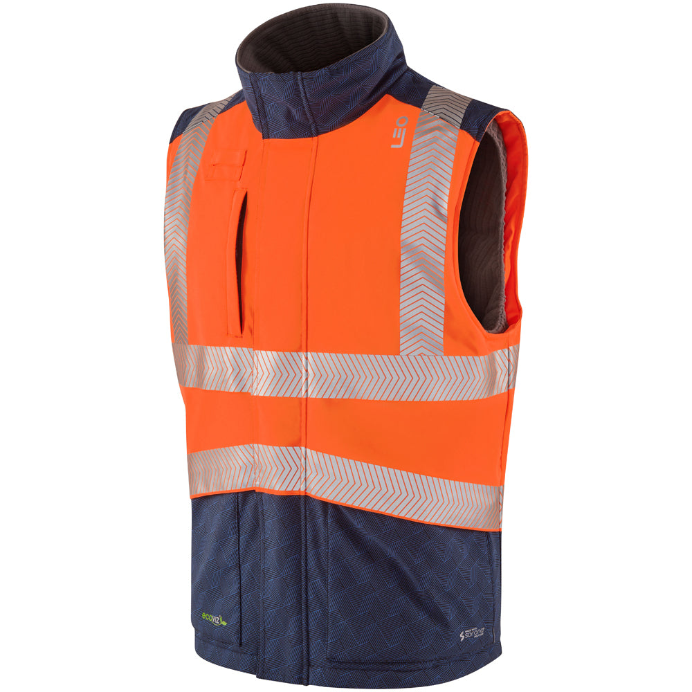 LEO BW02 Halsinger - Hi-Vis Ecoviz Performance+ Navy Print Contrast Bodywarmer — Orange / Navy