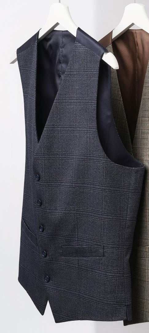 Brook Taverner 1726 Emilio waistcoat in Navy Check on a hanger