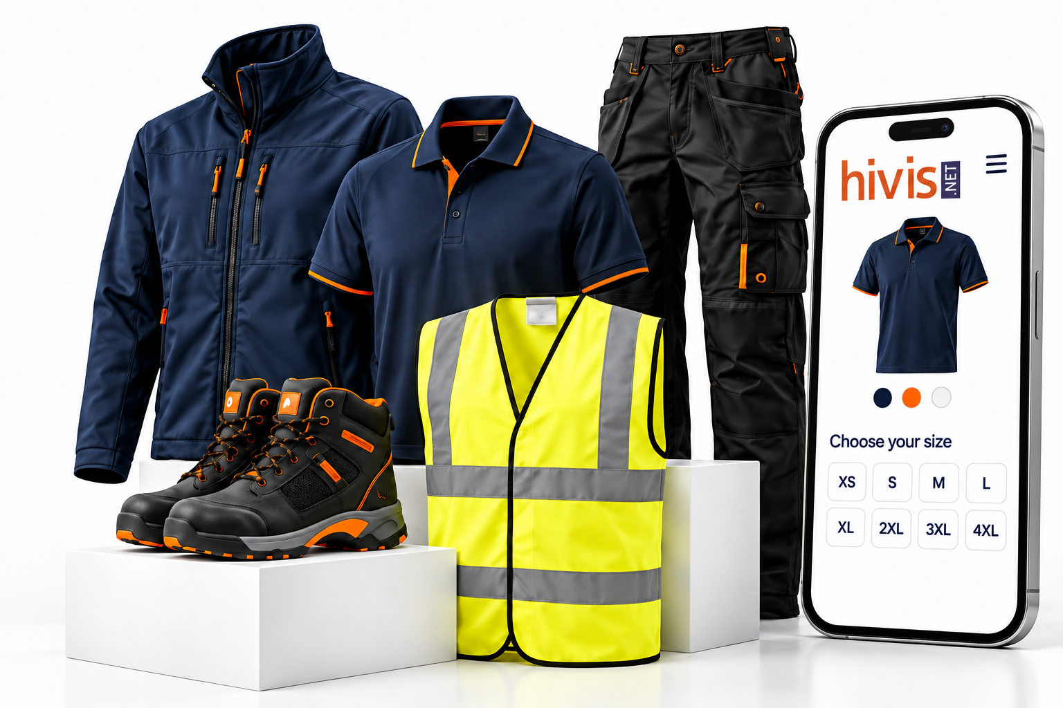 Coordinated workwear and safety footwear with the hivis.net bundle tool on a phone