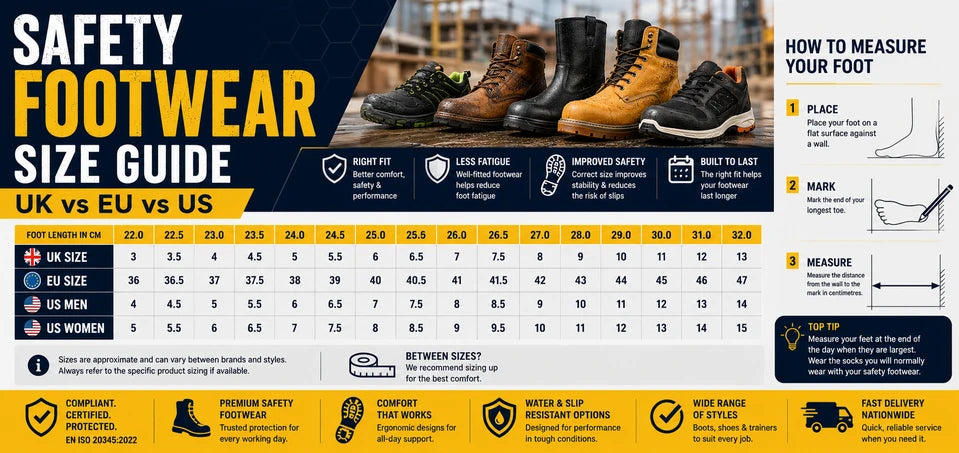 EU US UK Safety Footwear Size Guide
