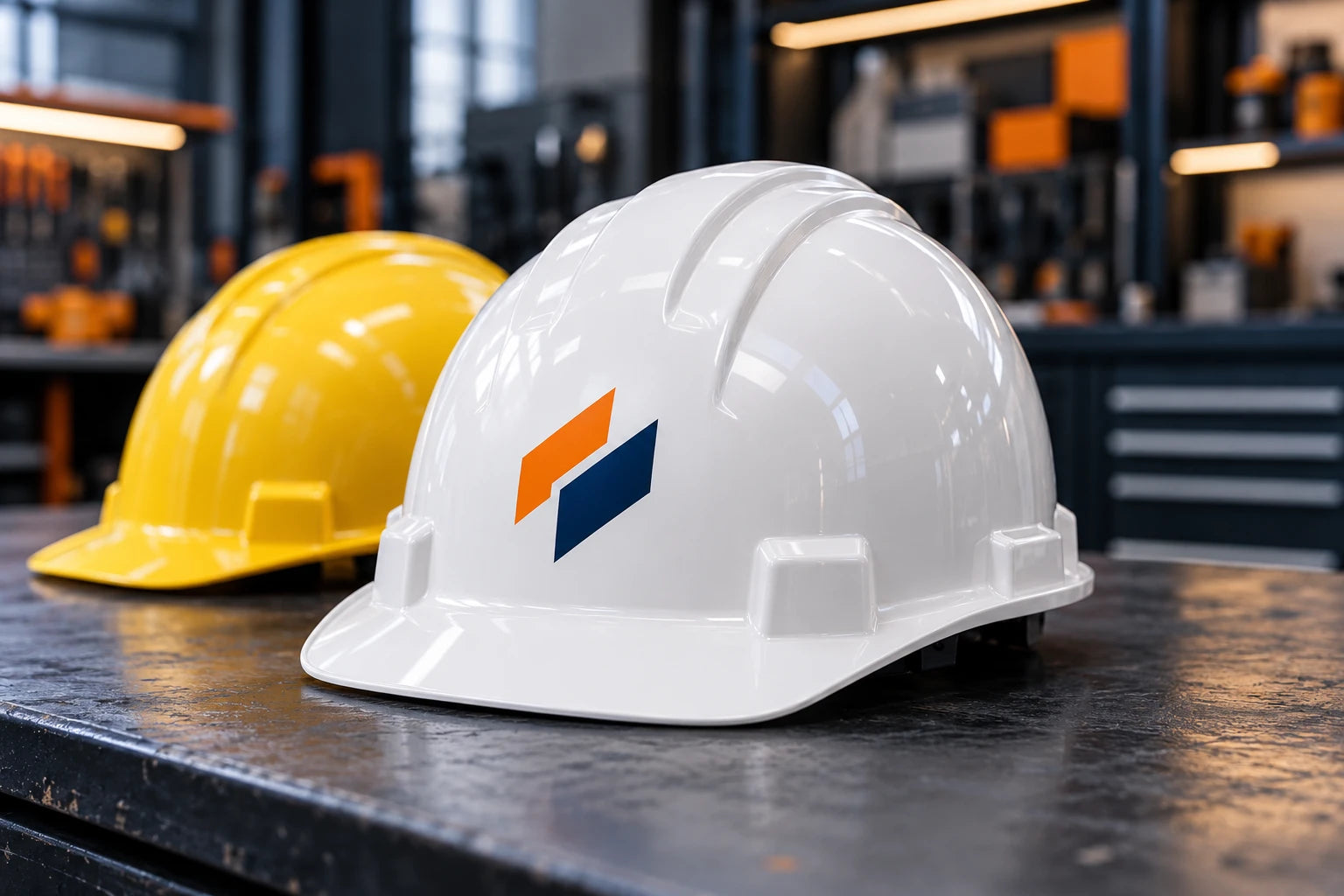 Example of company branding printed on a white safety helmet