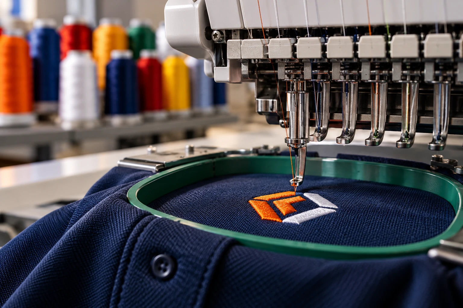 Embroidery machine stitching a logo onto navy workwear